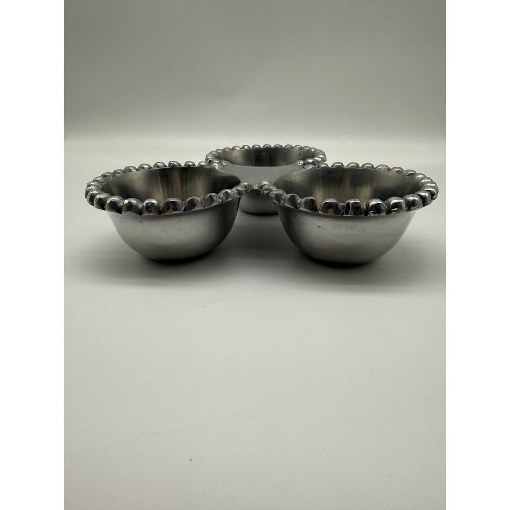 Metal CONDIMENT SERVER 3 Parts / Bowls with beaded boarder Silver Tone